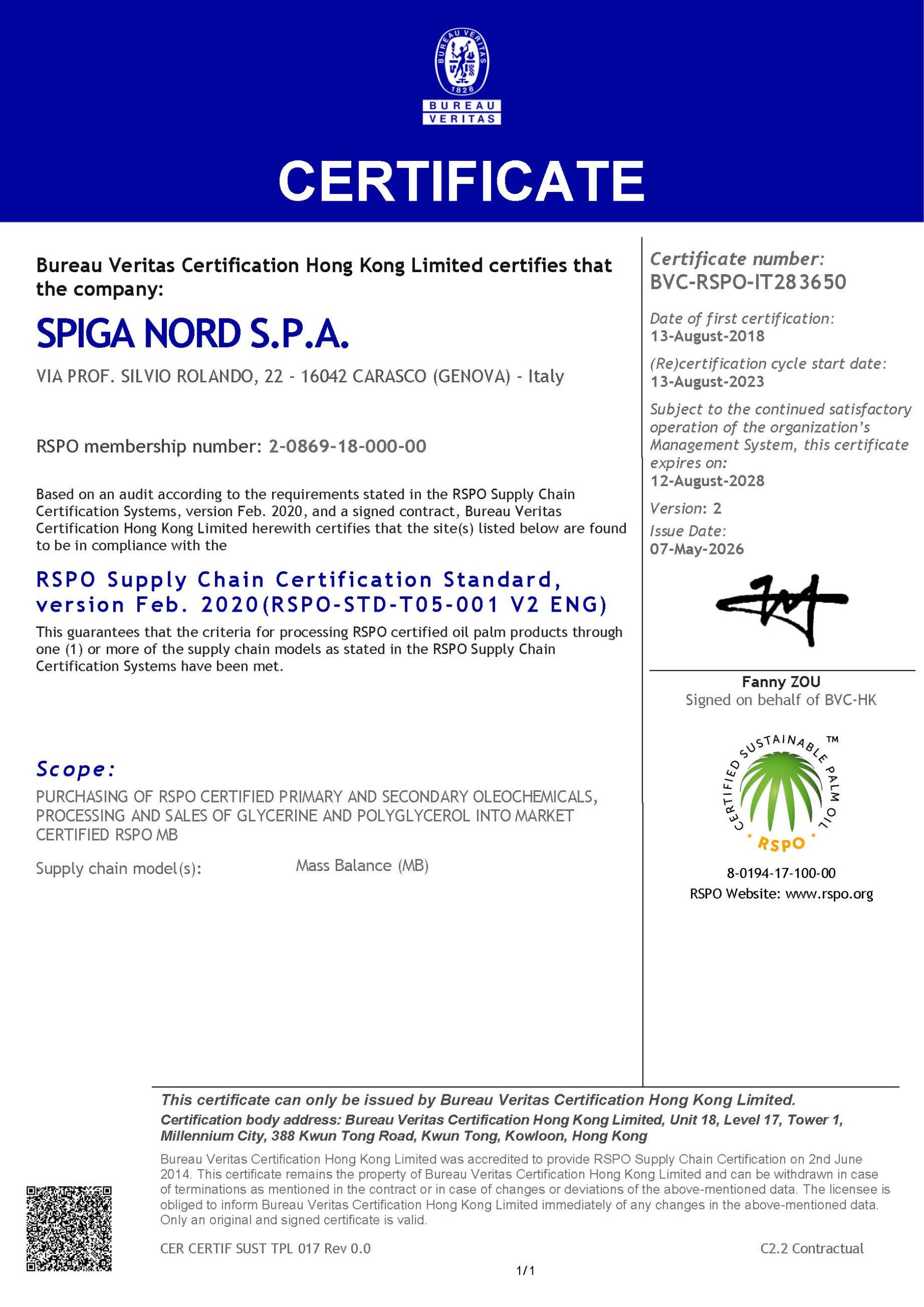 Certificate IT323686 - 18907153 - SPIGA NORD SPA - RSPO - Sust Palm Oil - CoC